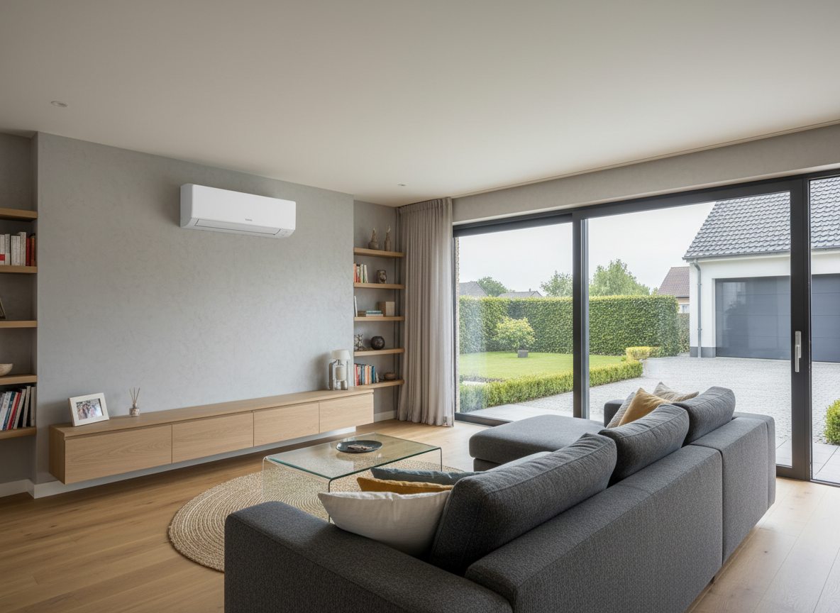 Airconditioning installatie bij bakstenen woning in Vlaanderen
