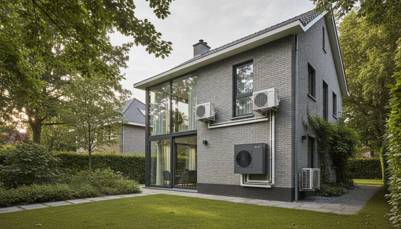 Airconditioning installatie bij bakstenen woning in Vlaanderen