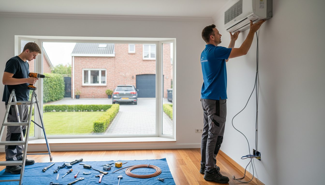 Airconditioning installatie bij bakstenen woning in Vlaanderen