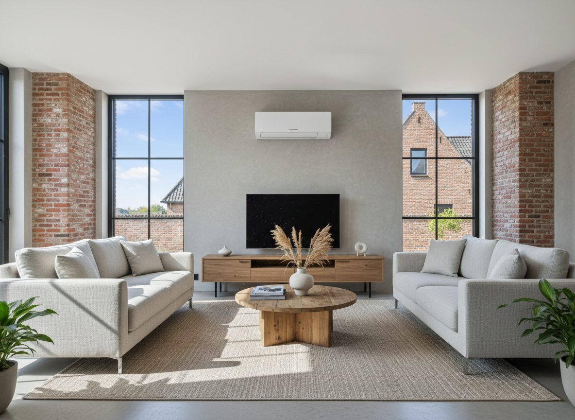 Airconditioning installatie bij bakstenen woning in Vlaanderen